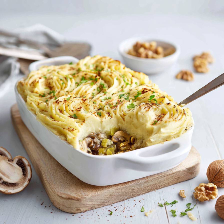 ovenschotel met walnoot, champignons en prei