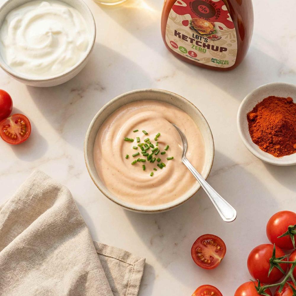 A small ceramic bowl filled with a smooth, light ketchup dip made with Let’s Ketchup Zero and yoghurt, softly swirled and topped with finely chopped chives.