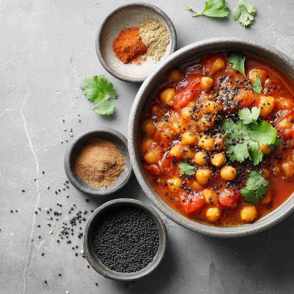 hartige curry van kikkererwten met zwarte komijn