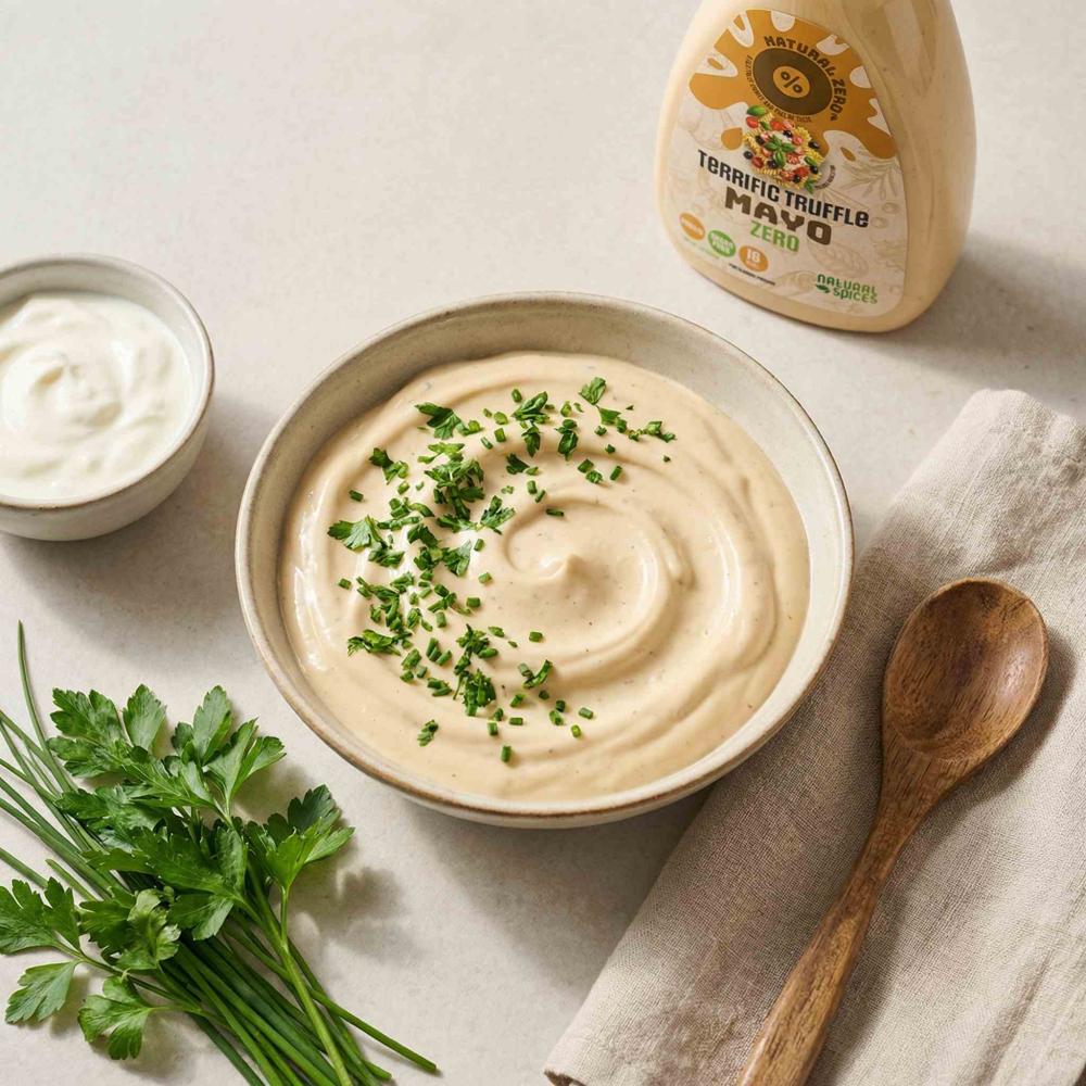 A ceramic bowl filled with a smooth truffle dip made with Terrific Truffle Mayo Zero, lightly swirled. Garnished with finely chopped parsley or chives.