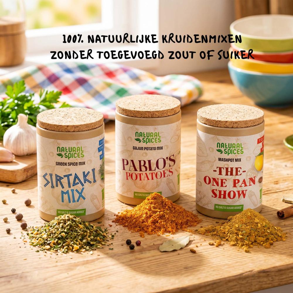 3 potten met kruidenmixen van natural spices