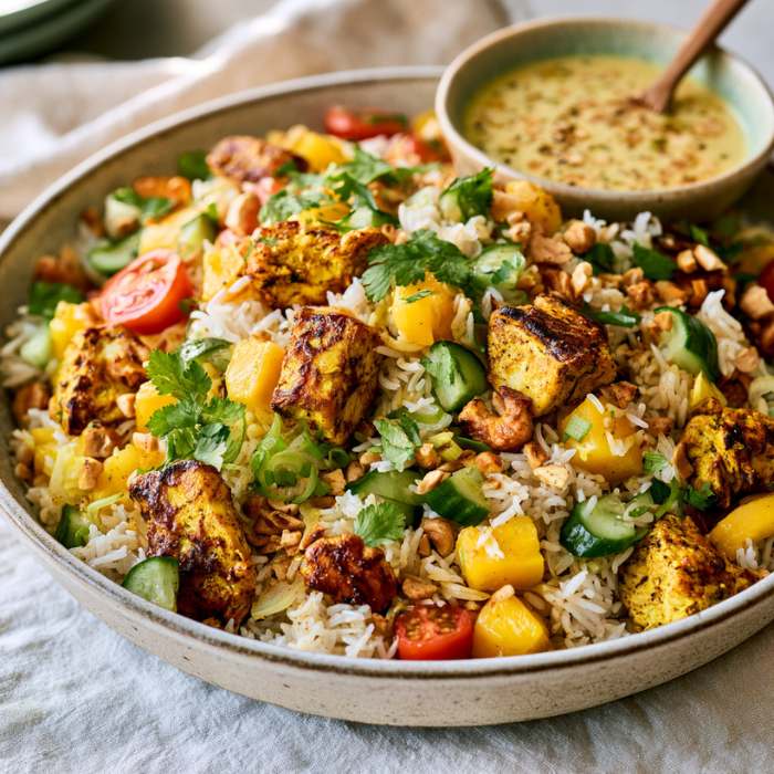 kerrie rijstsalade met kip en mango