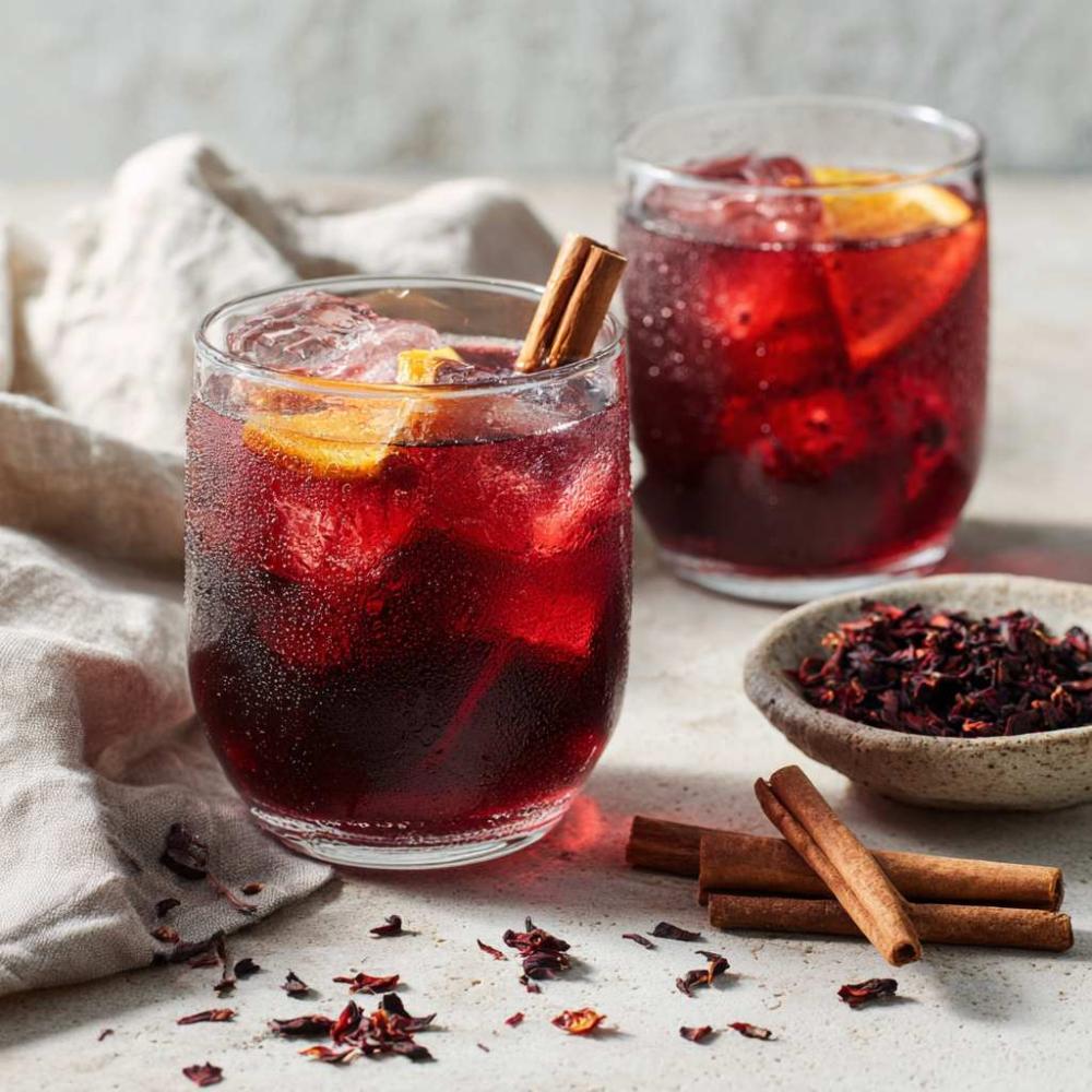 Hibiscus kaneel ijsthee in glazen