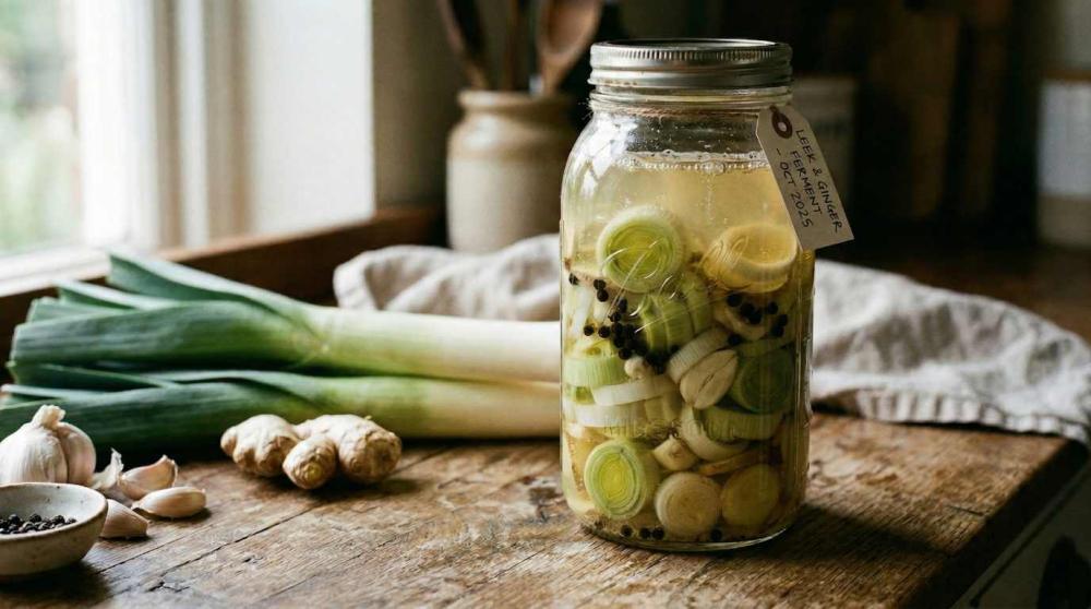 een pot met gefermenteerde prei, peperkorrels, gember en knoflook