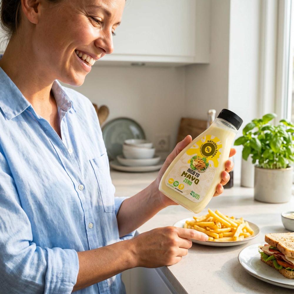 woman holding a bottle low calorie Nice to Mayo