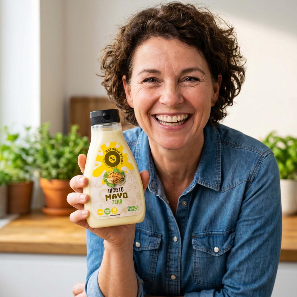 dame die fles Nice to mayo, low calorie mayonaise vasthoudt