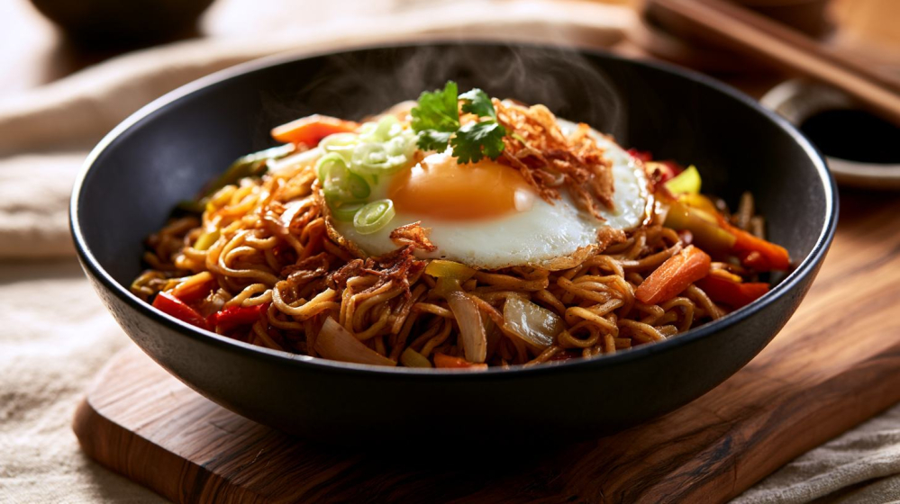 Bami goreng met gebakken ei, gedroogde bamigroenten, krokante uitjes en lente-ui in een zwarte kom.