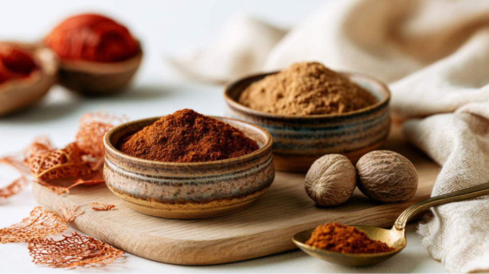 Ground mace (foelie) and ground nutmeg in ceramic bowls with whole nutmeg and dried mace blades.
