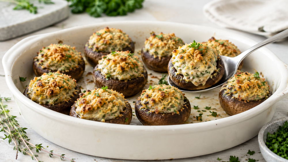 Gevulde kastanjechampignons met roomkaas, knoflook, kruiden en een goudbruin krokant kaaskorstje in een lichte ovenschaal.