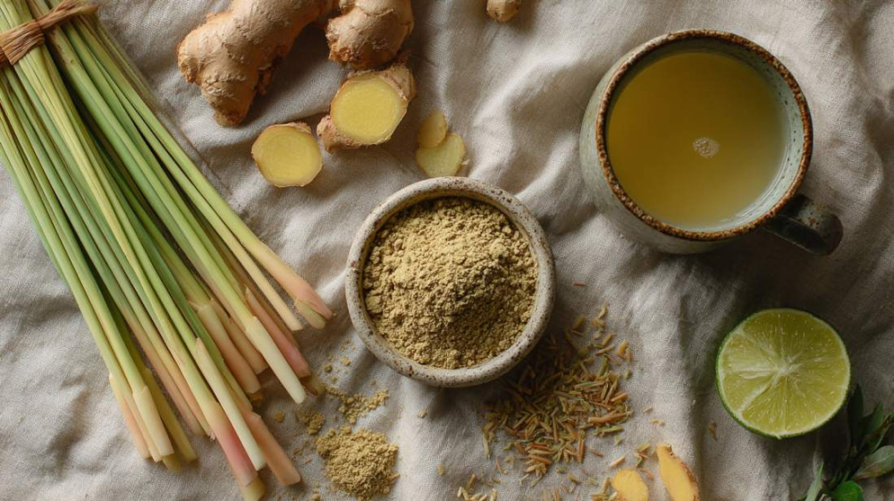 A bundle of fresh lemongrass stalks on a warm off-white linen surface, next to a small rustic ceramic bowl filled with dried ground lemongrass powder.