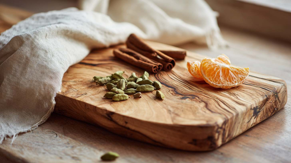 An olive wood chopping board with a small pile of green cardamom pods, a few pods lightly crushed open, a cinnamon stick and fresh orange