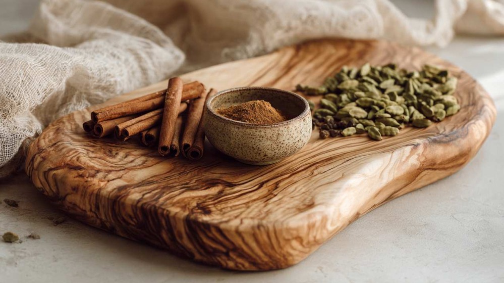 An olive wood chopping board with cinnamon sticks on one side and green cardamom pods on the other, a small ceramic bowl of ground cinnamon in the centre.