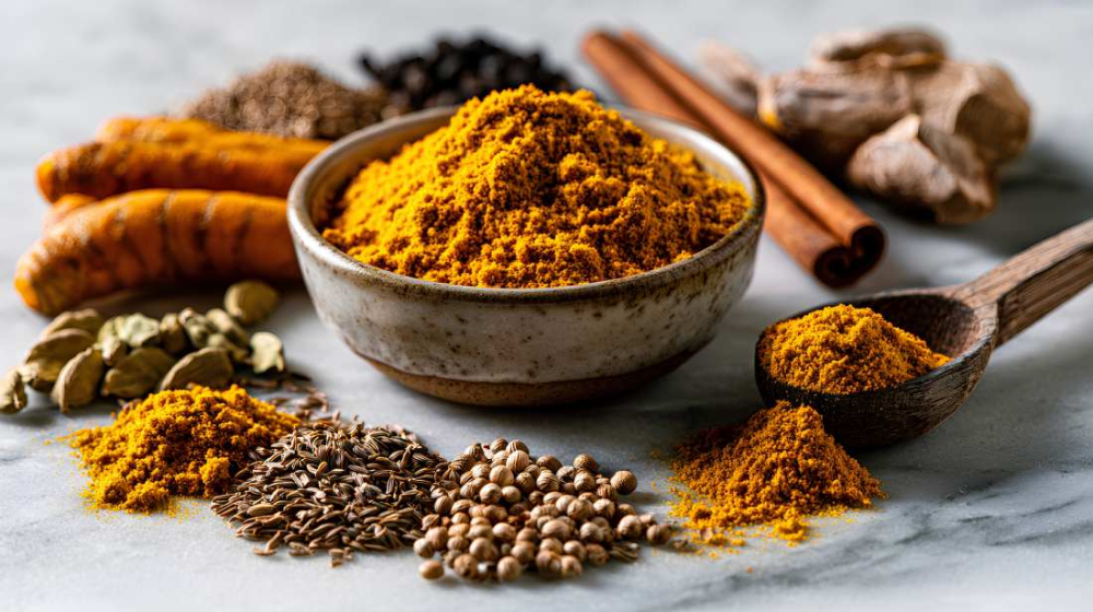 small ceramic bowl filled with vibrant golden-yellow curry powder (kerrie) on a light grey marble countertop. Surrounding the bowl are neat piles of whole spices used in curry blends: turmeric root and powder, cumin seeds, coriander seeds, fenugreek seeds