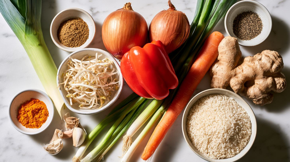 Verse nasi groenten en Aziatische kruiden, waaronder prei, ui, rode paprika, wortel, taugé, knoflook en gember, stijlvol gepresenteerd in een flat lay.