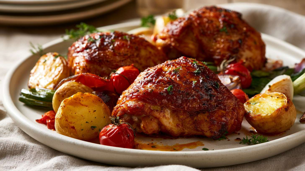 homemade piri piri chicken served on a matte white ceramic plate. Two juicy, golden-brown grilled chicken thighs coated in a vibrant red-orange piri piri seasoning with lightly charred edges
