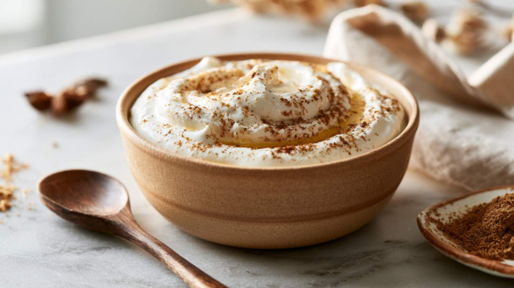 small handcrafted ceramic bowl filled with creamy Greek yoghurt dip, lightly dusted with fragrant vadouvan spice and finished with a drizzle of olive oil.