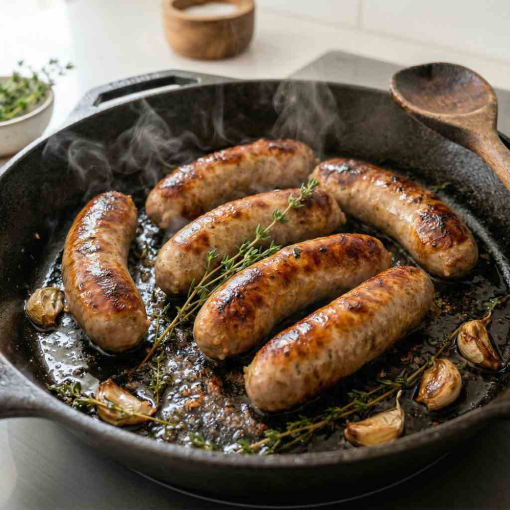 Pan with freshly baked bratwurst sausages, golden brown, sizzling in a cast iron skillet, a few fresh thyme sprigs