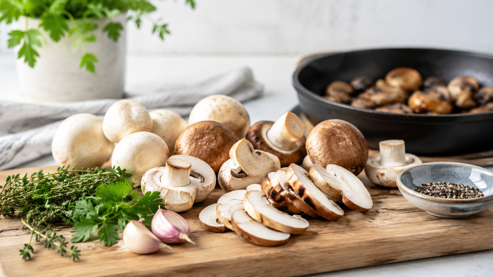 Witte en kastanjechampignons met knoflook, tijm, peterselie en zwarte peper naast een pan met goudbruin gebakken champignons.