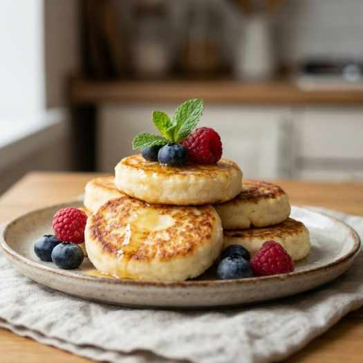 een bord met pannekoekjes gemaakt met cottage cheese en gegarneerd met aardbeien en blauwe bessen
