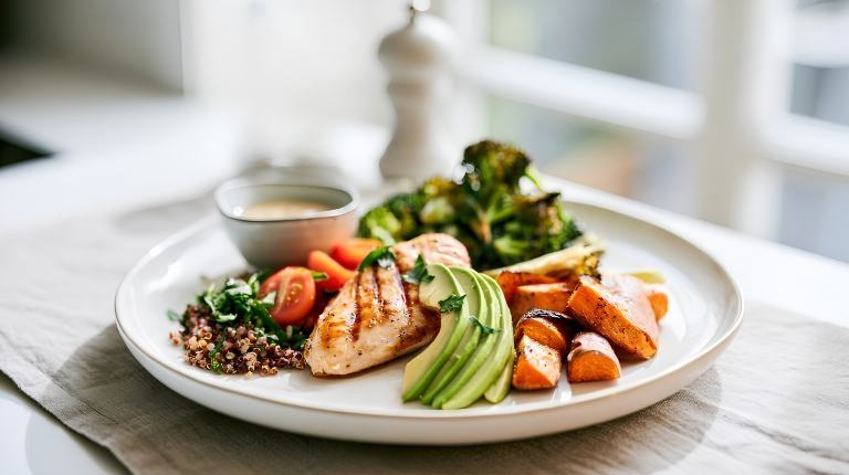 Kleine, kleurrijke maaltijd met gegrilde kip, groenten, quinoa en verse kruiden als inspiratie voor smaakvol en bewust eten tijdens een gezonde leefstijl.