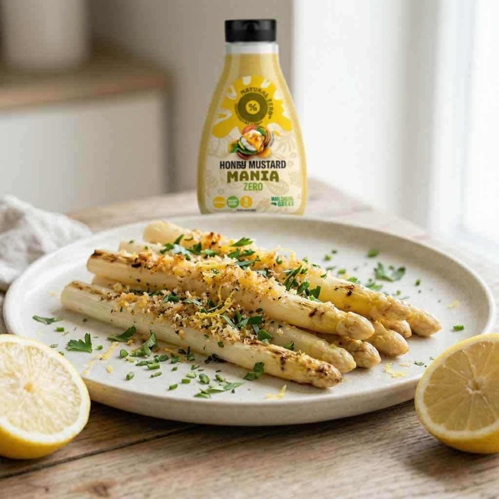 Geroosterde witte asperges met citroen, Parmezaan en krokante panko en honey mustard low calorie saus