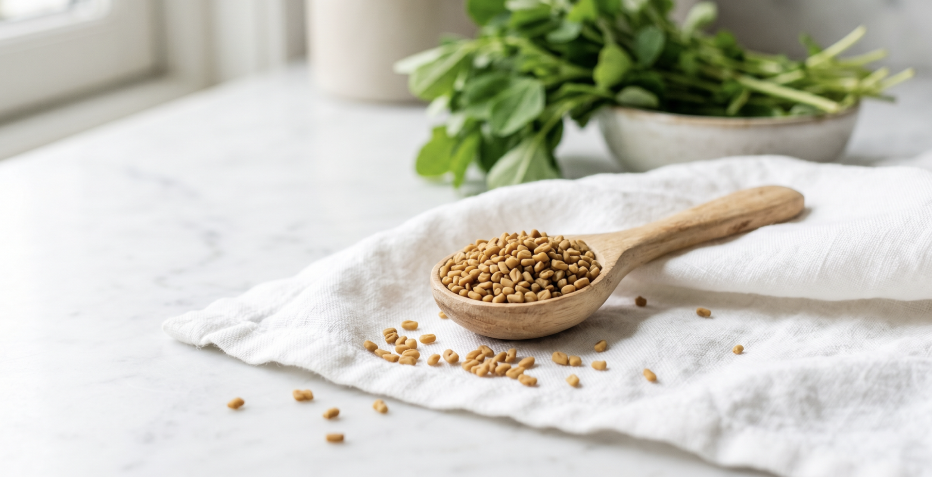 A natural, realistic kitchen scene with fenugreek seeds in a slightly worn wooden spoon placed on crumpled white linen, set on a light marble countertop