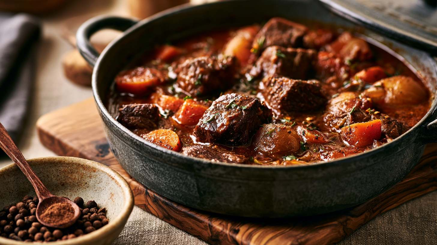 low-cooked beef stew seasoned with allspice (piment), served in a rustic dark cast-iron Dutch oven on a light natural stone countertop. The stew is filled with tender chunks of beef, carrots, onions and herbs