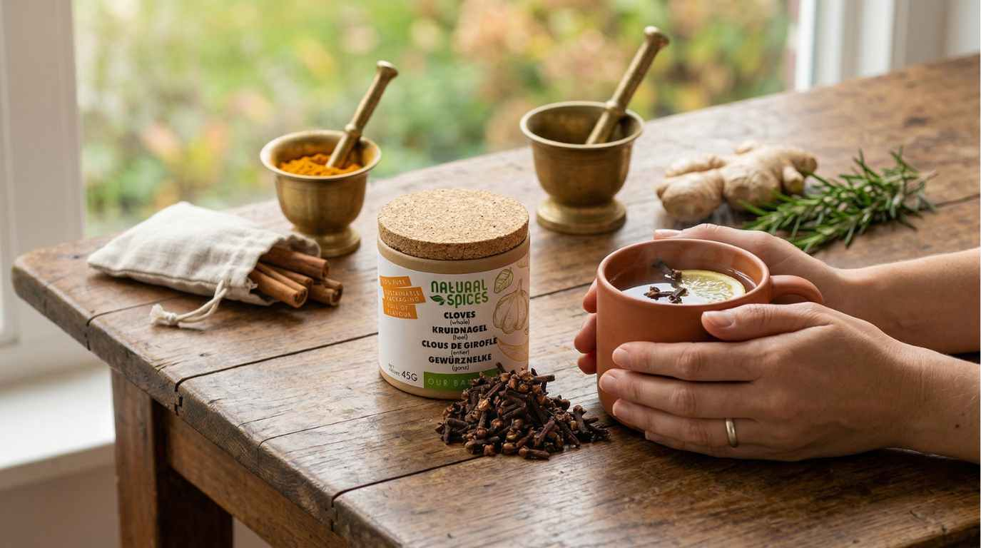 Sfeervolle lifestyle foto van een houten tafel met een potje Natural Spices hele kruidnagels, een hoopje kruidnagels, verse gember en een vrouw die een warme mok thee vasthoudt bij een raam.