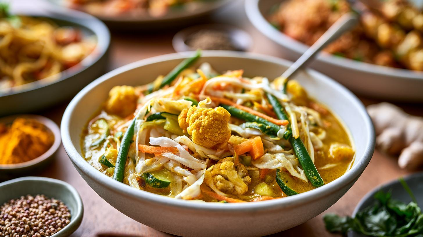 Kom met zelfgemaakte atjar tjampoer met kleurrijke zoetzure groenten, geserveerd als fris Indonesisch bijgerecht naast bami, nasi en saté.