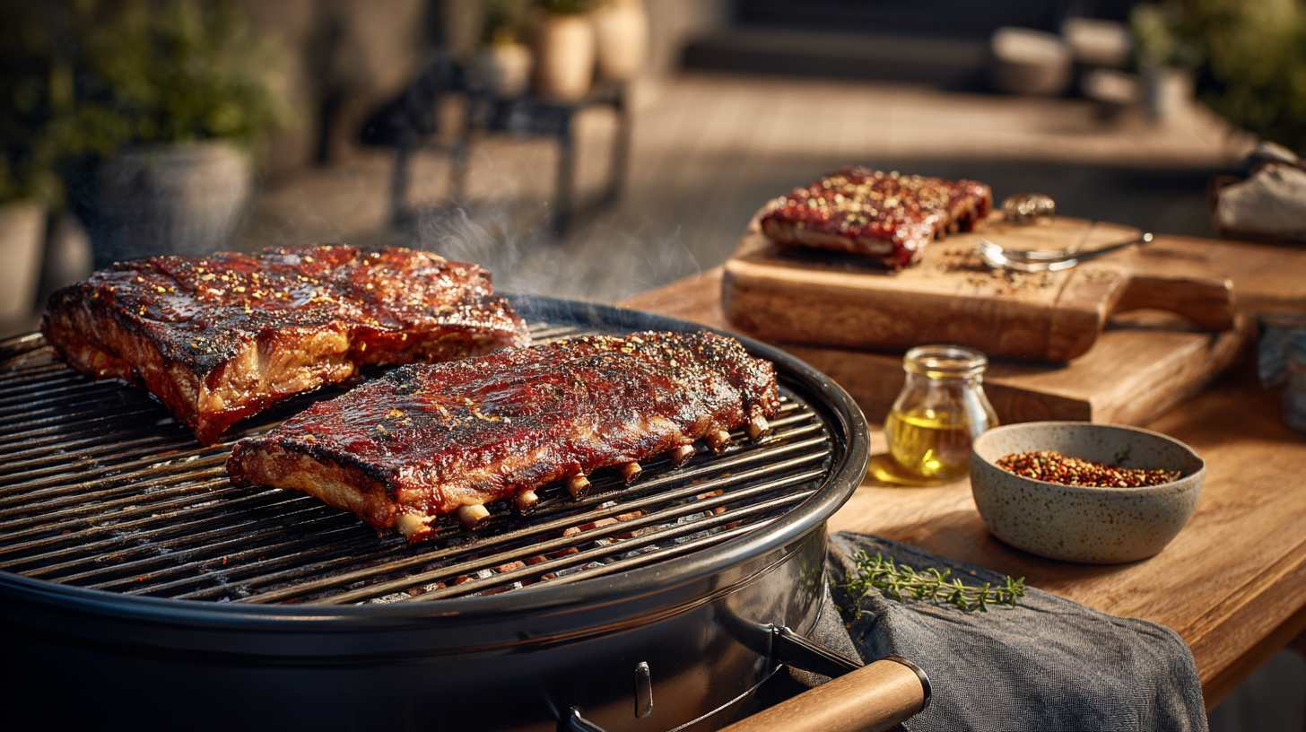 Spareribs op de barbecue met dry rub kruiden, gegrild tot een gekarameliseerde korst, met een schaaltje BBQ kruidenmix en olie op tafel ernaast