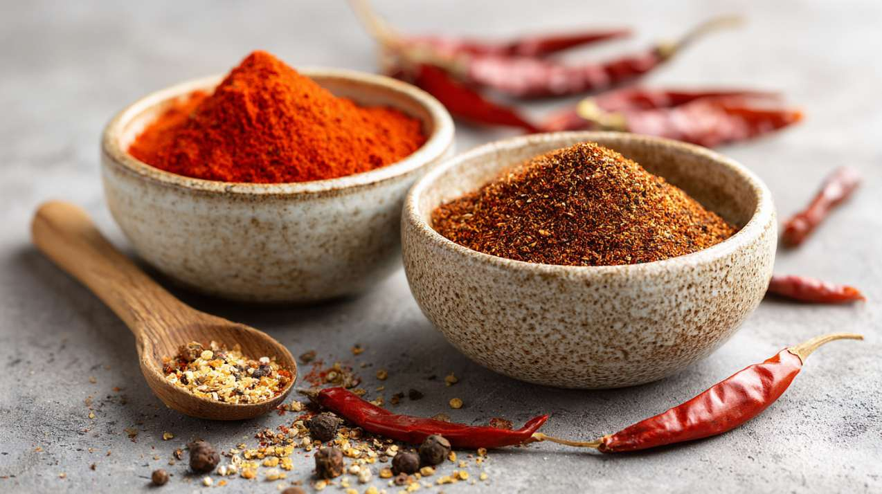 two small ceramic bowls side by side: one filled with bright red cayenne pepper powder and the other with darker, textured chili powder spice blend