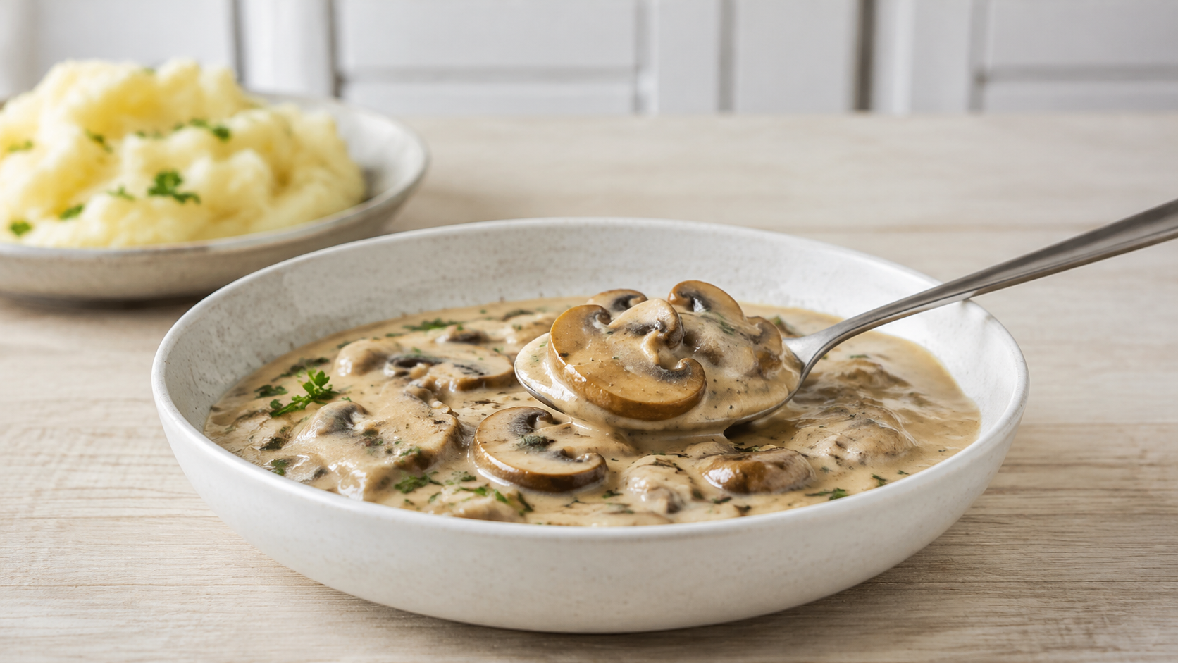 Romige champignonroomsaus met goudbruin gebakken champignons, kruiden en zwarte peper, geserveerd met aardappelpuree.