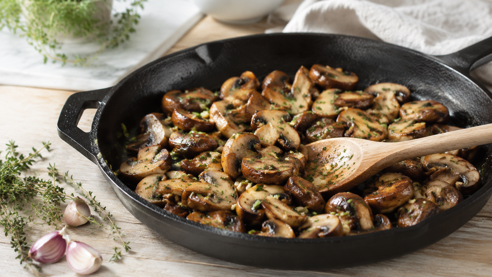 Goudbruin gebakken champignons met knoflook, tijm en verse peterselie in een gietijzeren koekenpan.