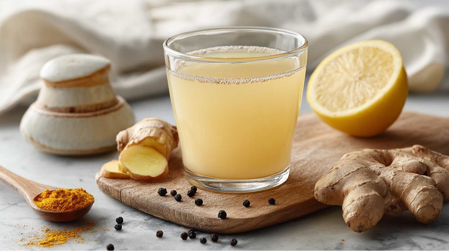 homemade ginger-lemon-turmeric morning shot in a small clear glass.