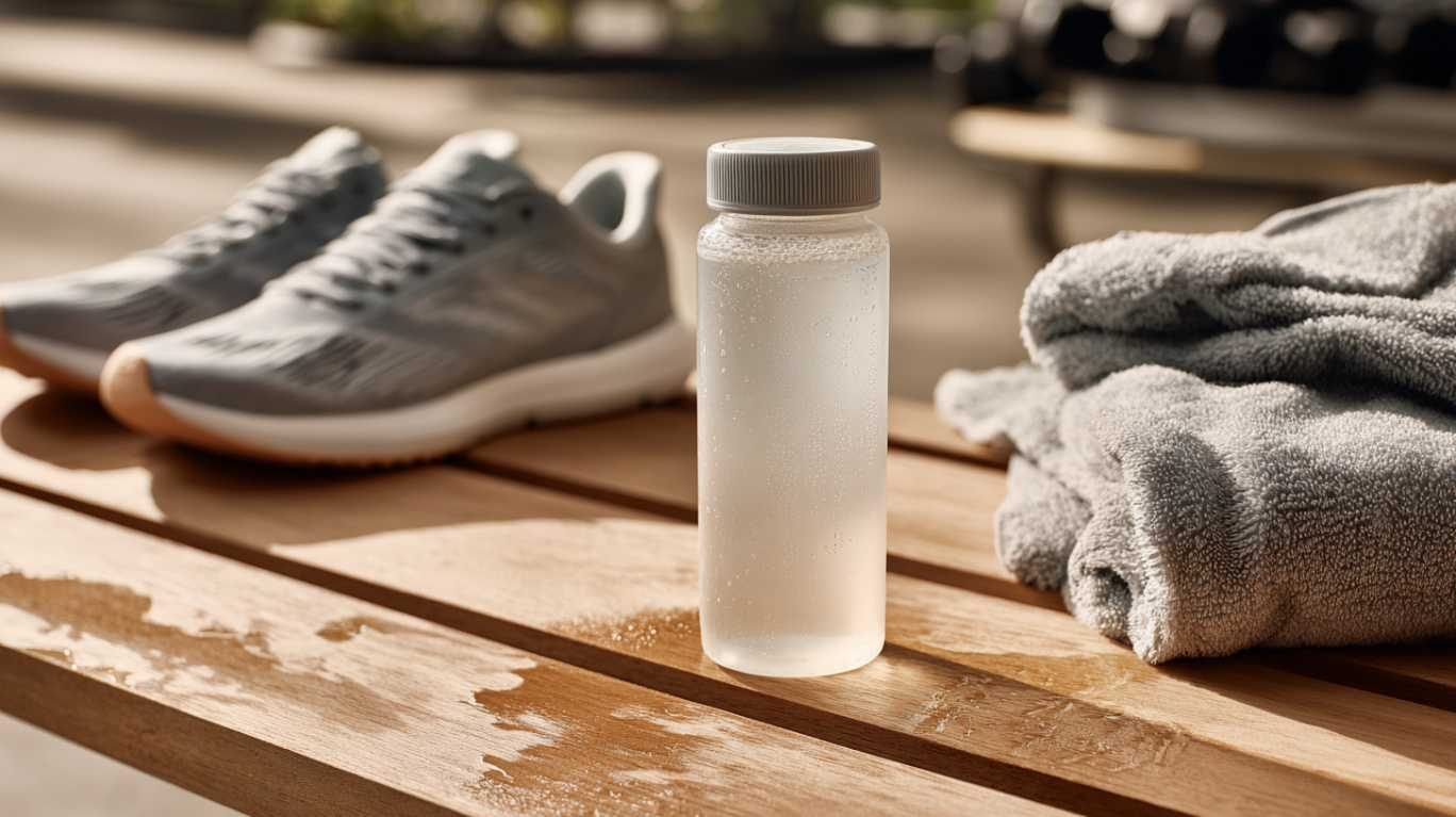 Sportdrank met dextrose in een transparante fles op een houten bank, naast grijze hardloopschoenen en een opgevouwen handdoek, in zacht natuurlijk licht.