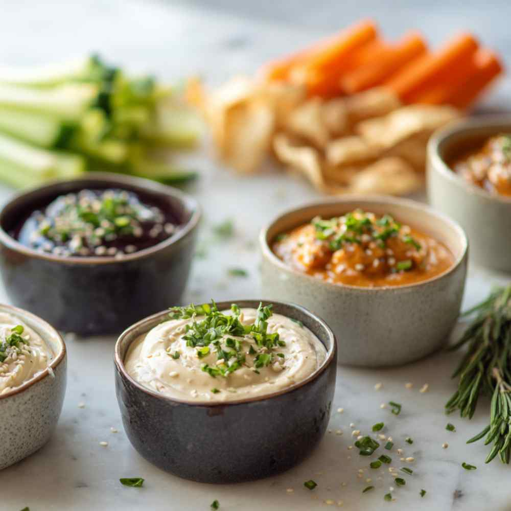 verschillende dipsauzen gegarneerd met verse kruiden en geserveerd in kleine schaaltje met verse groenten en sweet potato fries