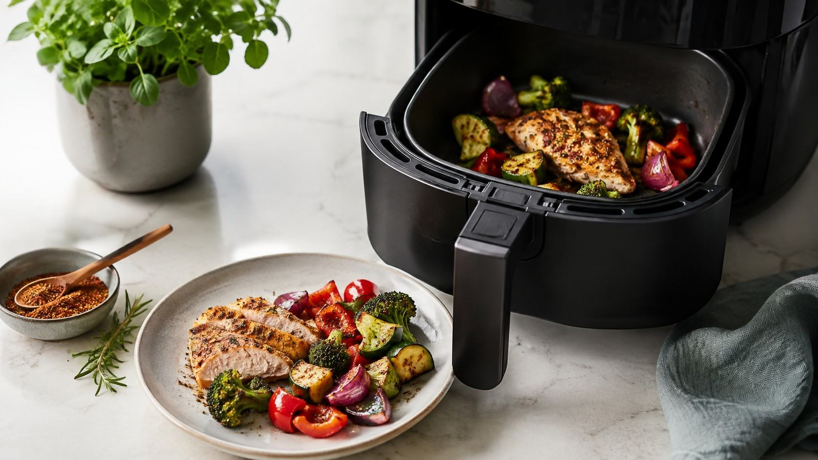 Airfryer met gekruide kip en geroosterde groenten op een bord, bereid met kruiden en specerijen voor een smaakvolle, gezonde maaltijd.