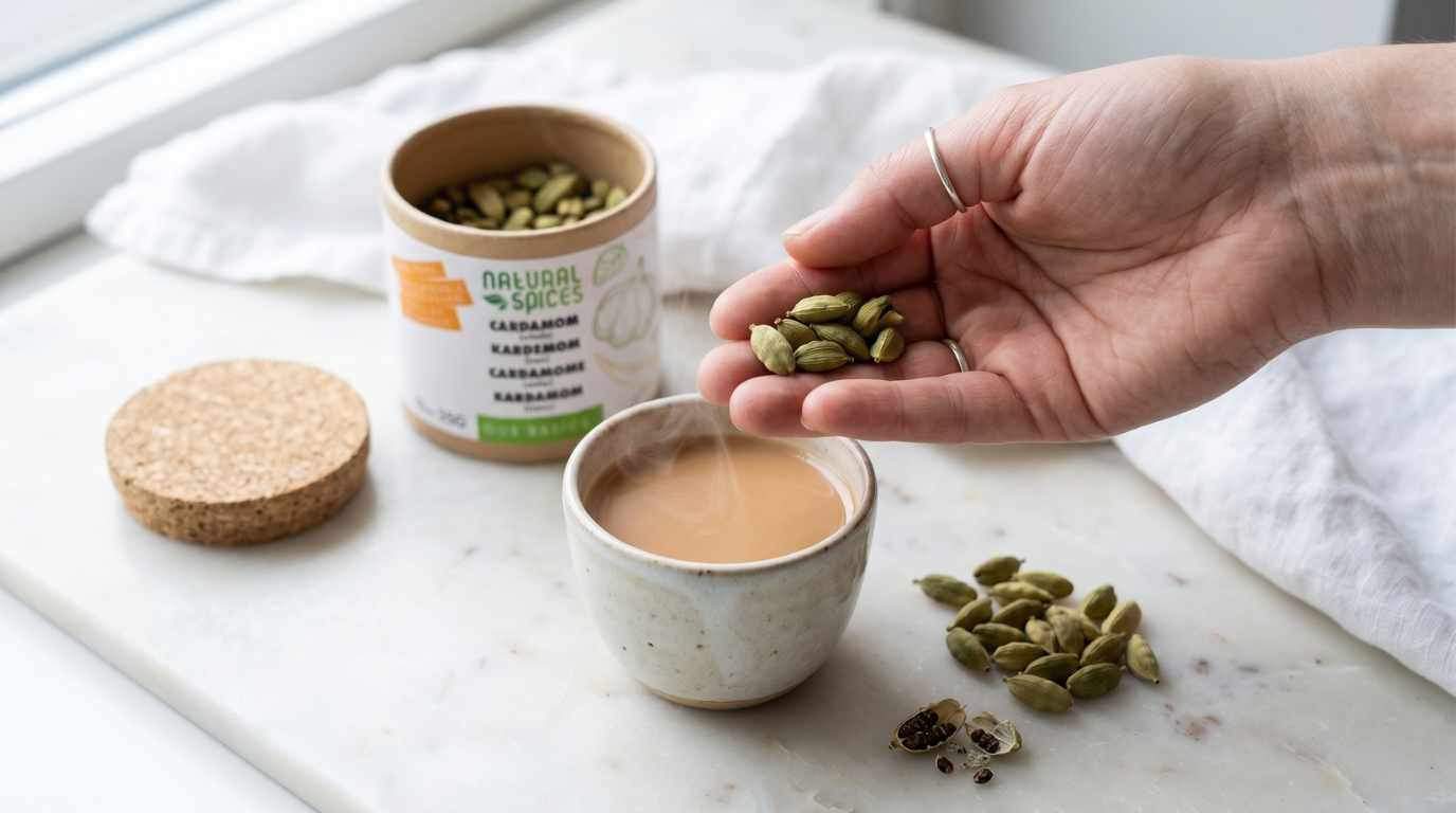 Hand holding green cardamom pods above a steaming cup of chai on a light marble surface, with an open jar of cardamom and scattered pods nearby in soft natural daylight.