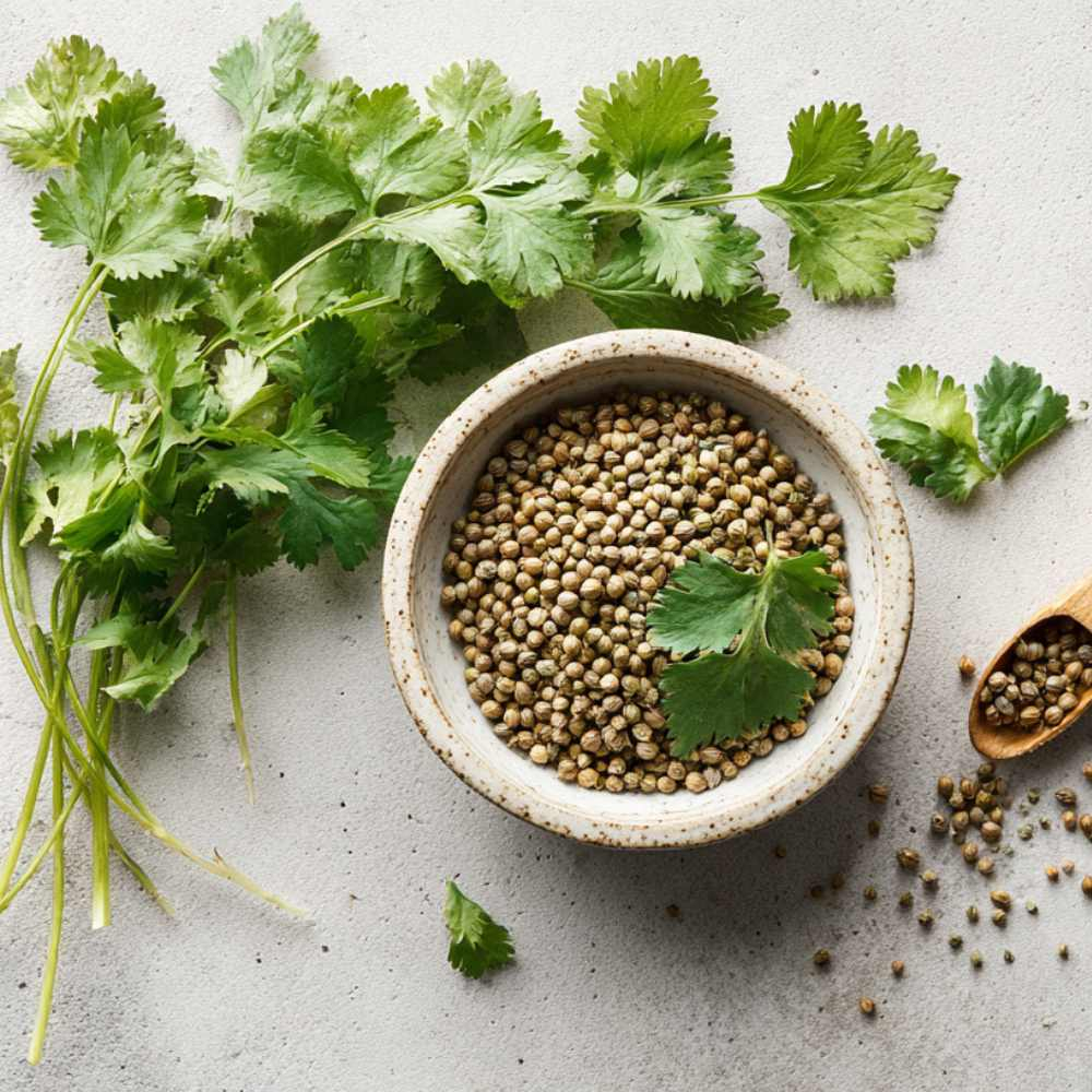 fresh coriander leaves (cilantro) on the left and whole coriander seeds on the right in a small ceramic bowl, placed on a light stone surface