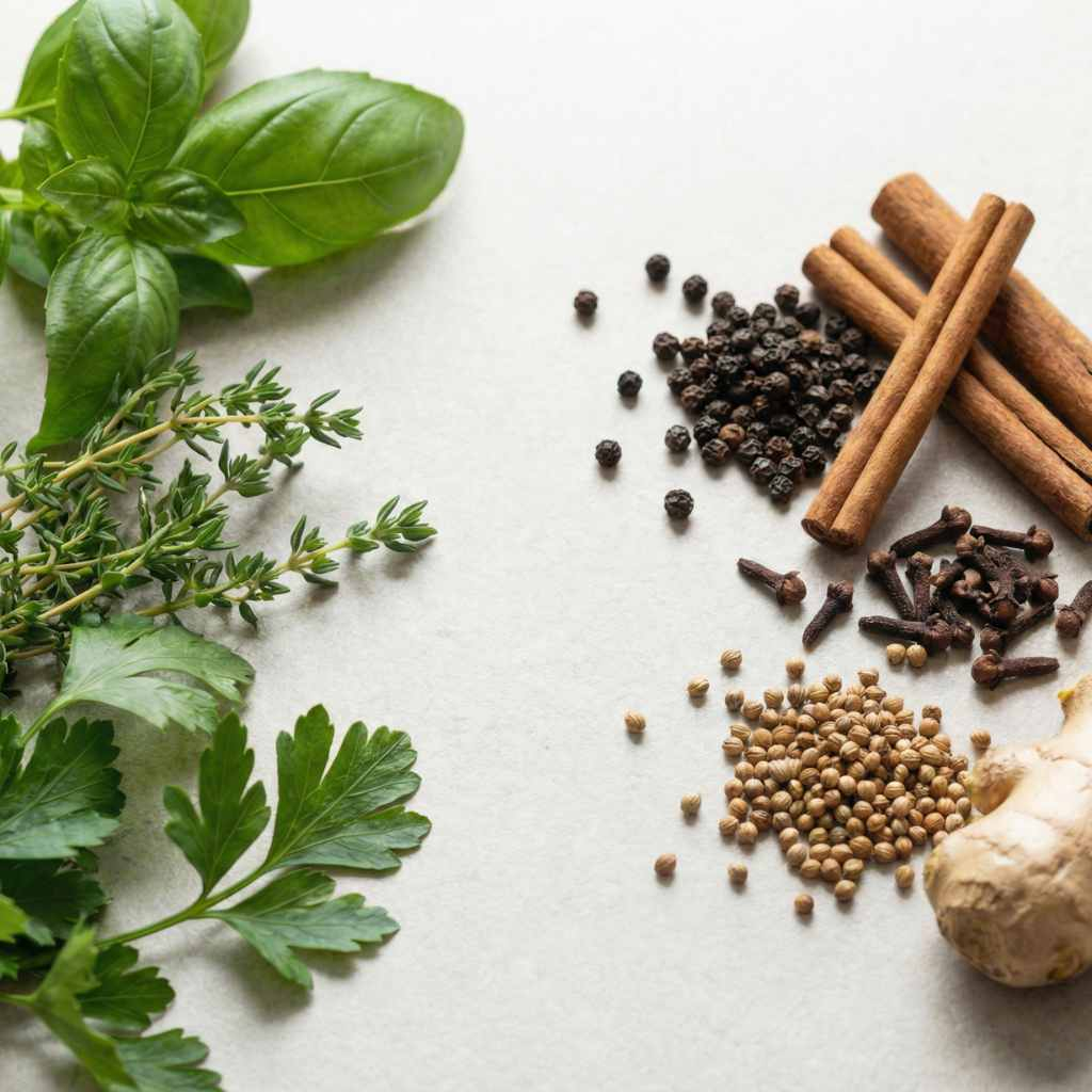 On the left: fresh green herbs like basil, thyme and parsley with visible leaves and stems. On the right: whole spices such as peppercorns, cinnamon sticks, cloves, coriander seeds and fresh ginger root.
