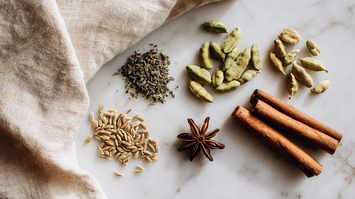 five herbs and spices for digestion — fennel seeds, fresh ginger root, green cardamom pods, a cinnamon stick and two star anise — arranged naturally on a light marble 