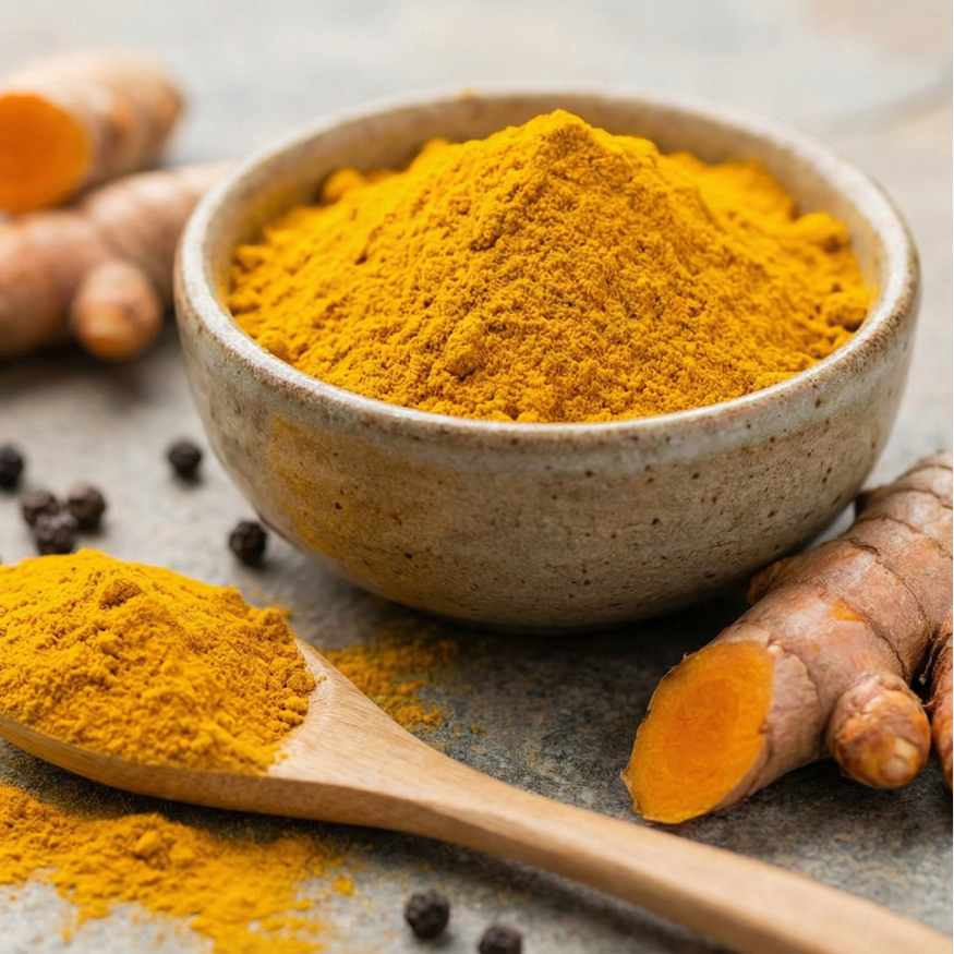 Modern culinary food photography of turmeric powder in a small ceramic bowl, fresh turmeric roots next to it, a wooden spoon with bright yellow powder spilling slightly, black peppercorns scattered subtly