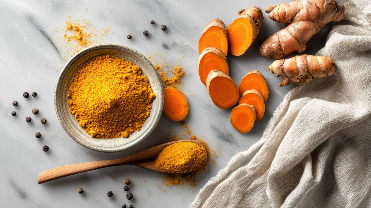 fresh turmeric roots and ground turmeric powder arranged on a cool light grey marble surface. Include a small ceramic bowl filled with vibrant golden turmeric powder, several sliced fresh turmeric roots