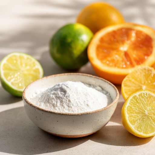 natrium ascorbaat (vitamine c poeder) in een kleine schaal naast een halve lime, citroenen en sinaasappel