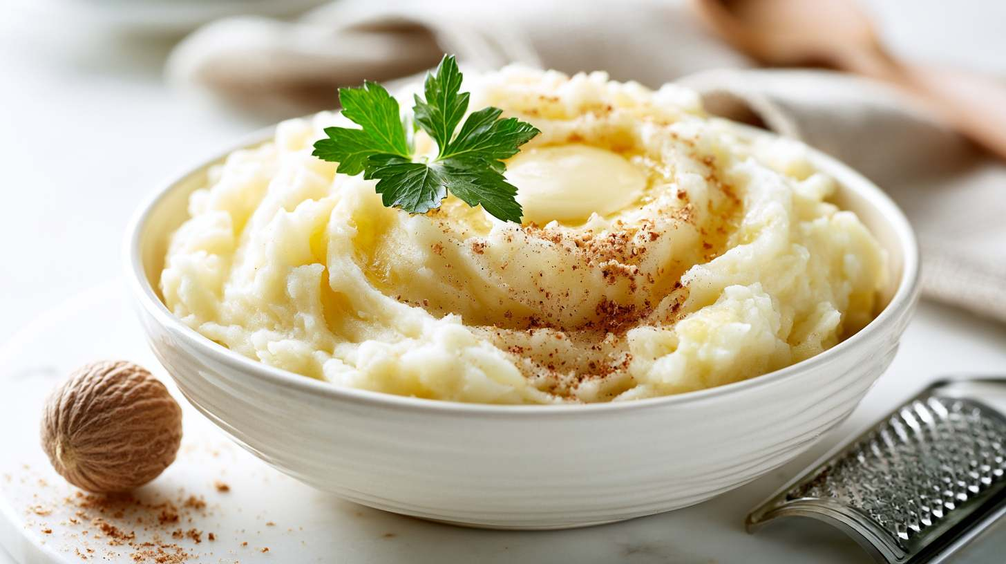 Romige aardappelpuree in een witte keramieken kom, afgewerkt met vers geraspte nootmuskaat, een klontje boter en een takje peterselie, met een hele nootmuskaat en rasp ernaast.