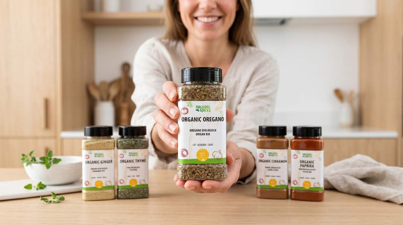 afbeelding van 5 verschillende biologische kruidenvan Natural Spices: paprika, tijm, kaneel, oregano en gember