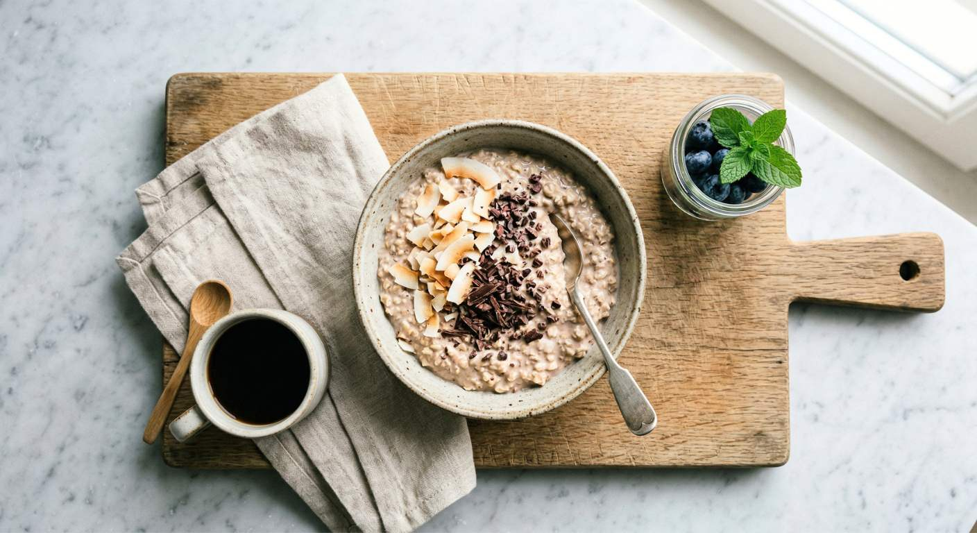 breakfast scene with a bowl of coconut chocolate overnight oats, elegantly topped with toasted coconut, chocolate flakes and a spoon resting inside. Bowl is placed on an rustic wood cuttingboard on top of Light grey marble background