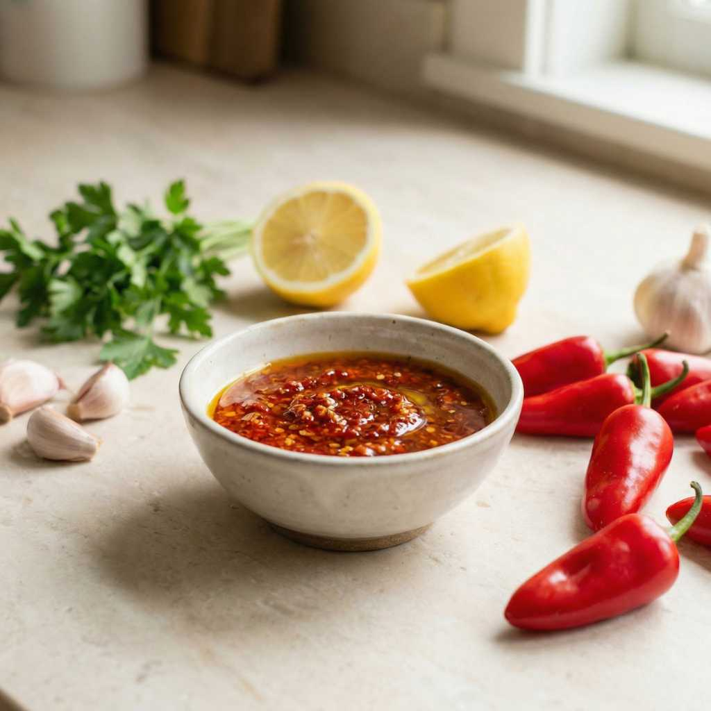 Fresh red piri piri peppers scattered on a light natural stone countertop, small ceramic bowl filled with vibrant red piri piri sauce, visible chili flakes and olive oil sheen. Fresh garlic cloves, lemon halves and a small bunch of parsley subtly styled a