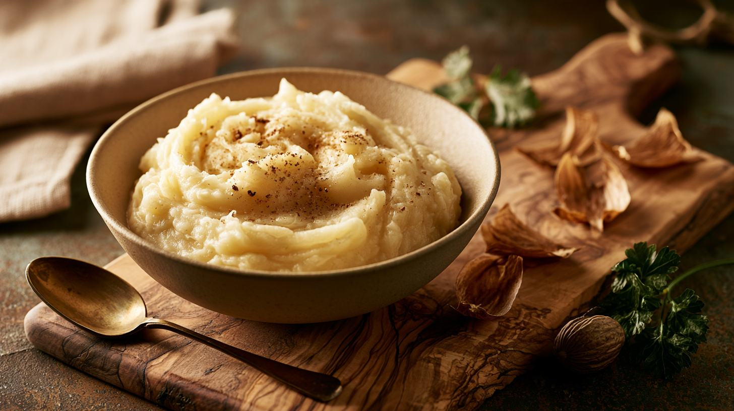 Romige aardappelpuree met gedroogde foelie, hele nootmuskaat en verse peterselie op een olijfhouten plank.