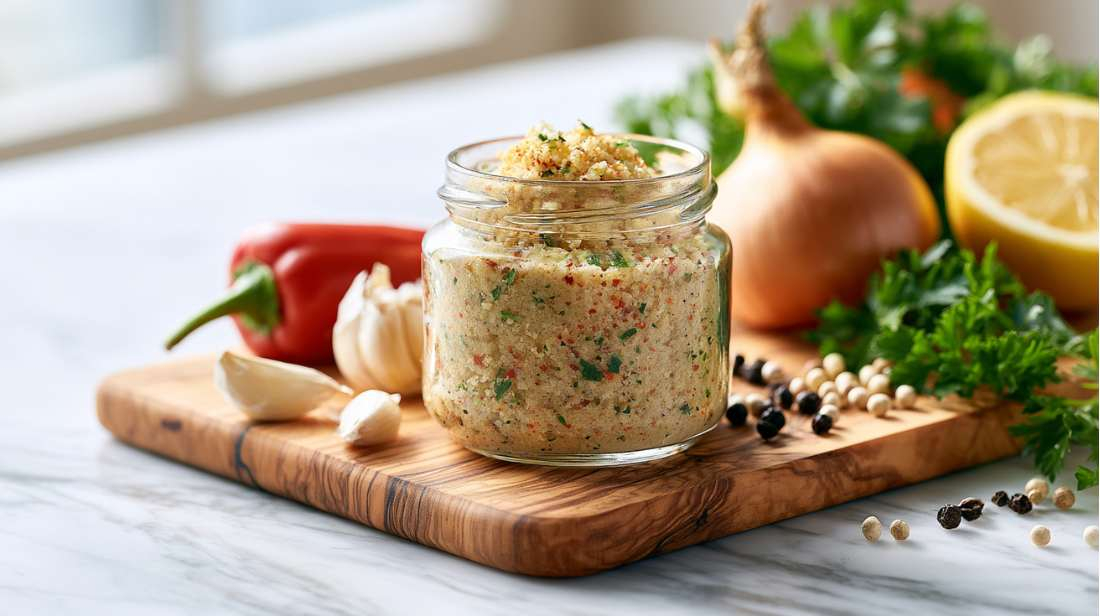 Homemade schnitzel seasoning in a glass jar with a wooden spoon, surrounded by paprika, garlic, onion, peppercorns, parsley and lemon on an olive wood board.